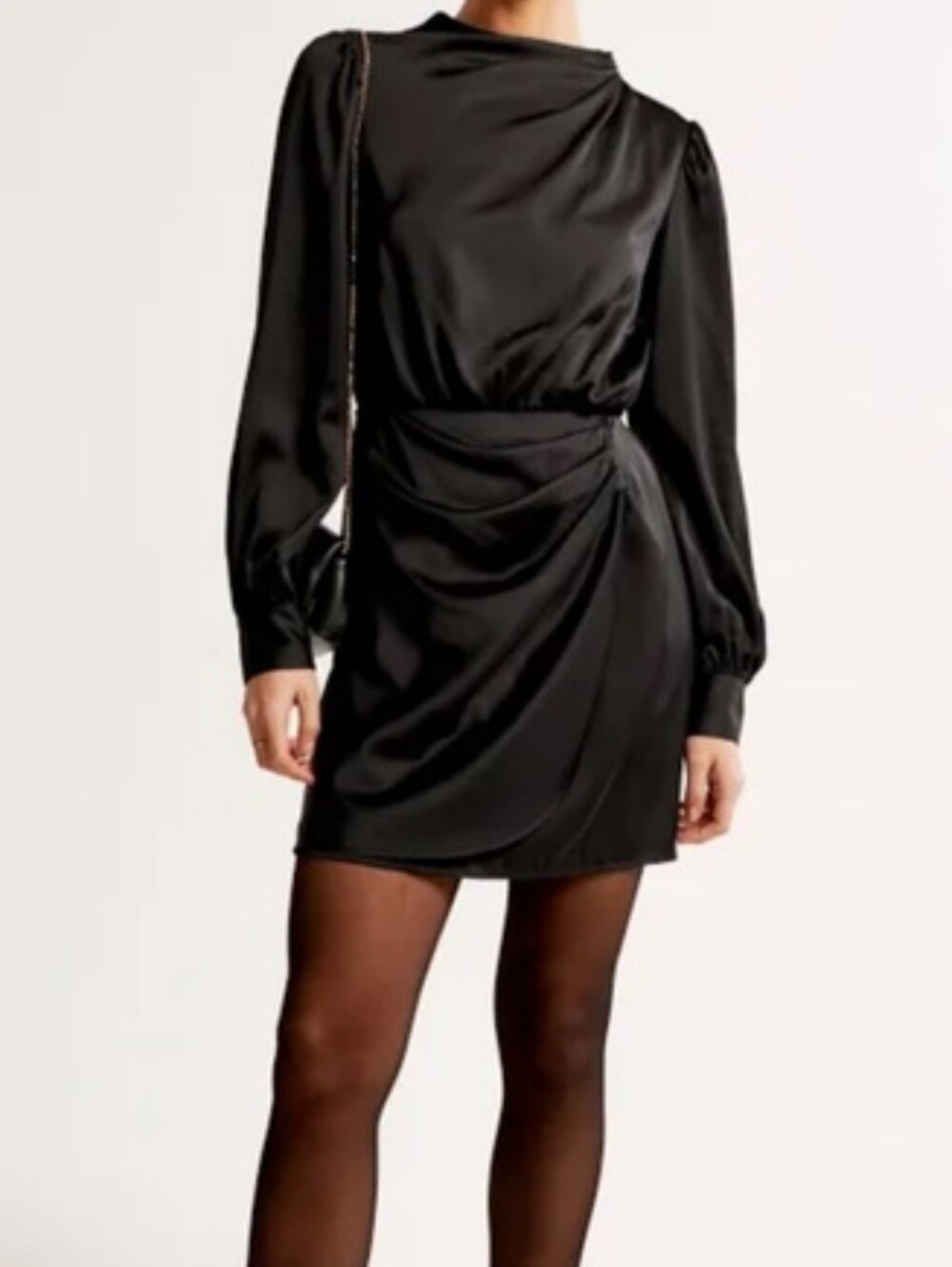 Abercrombie And Fitch Long-Sleeve Satin Draped High-Neck Mini Dress Black Sz Sma